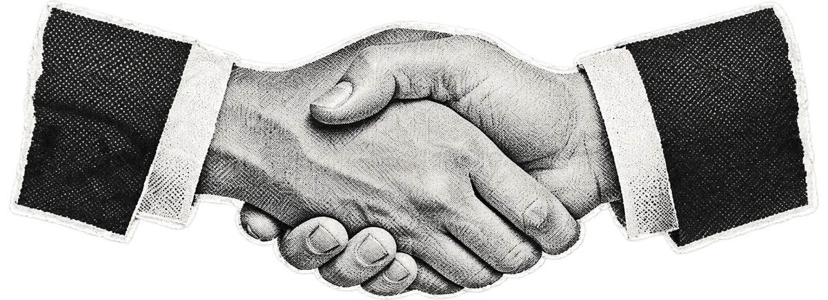 Engraved handshake - two suited hands clasped mid-agreement